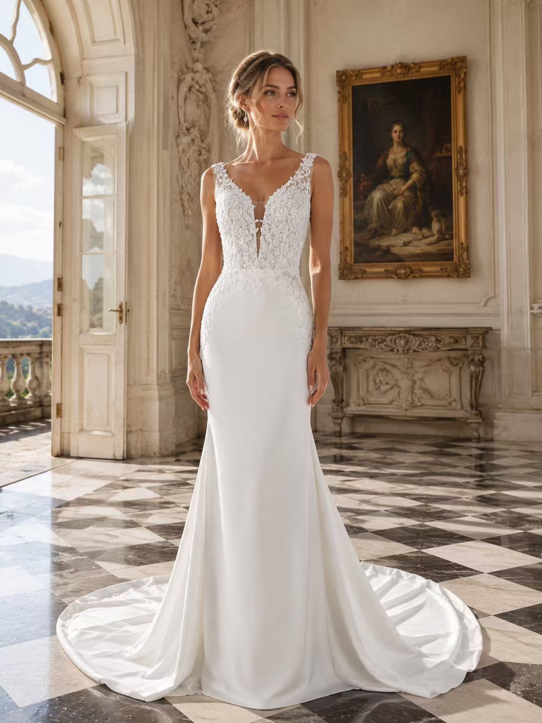 Bride wearing a white bridal gown in an elegant interior