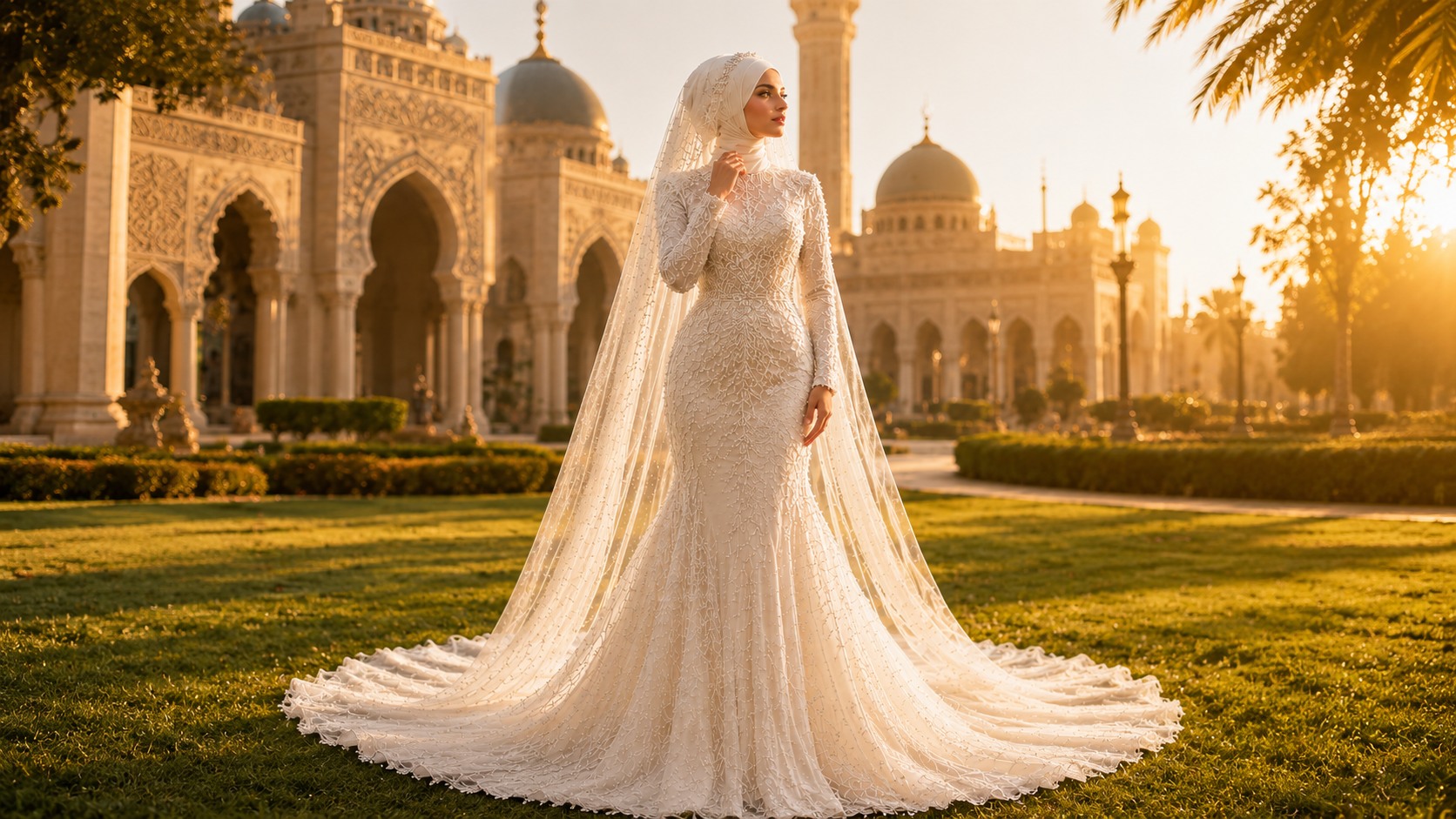Bride wearing an embellished modest wedding gown and hijab